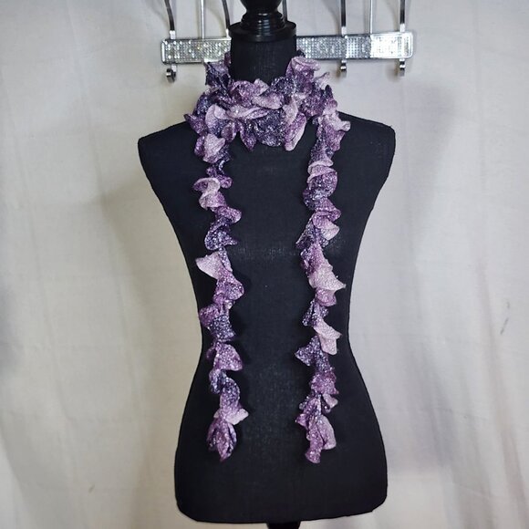 Handmade Crochet Purple and Lilac with Metallic Silver Threads Throughout Scarf - Picture 1 of 16